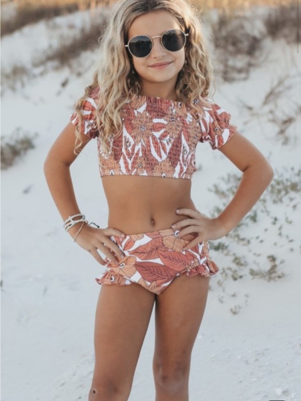 Smocked Rust Floral Girls Two-Piece Swim Set